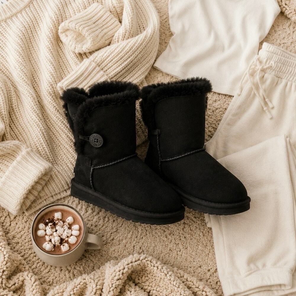 UGG Bailey Button Black Sheepskin Shearling Boots Women’s Size 5 Classic Short